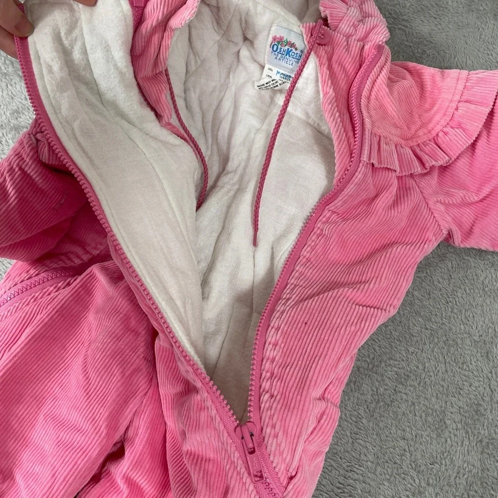 OshKosh Corduroy Snowsuit Baby 12M Pink Floral Hooded Bunting Vintage‎ 90s